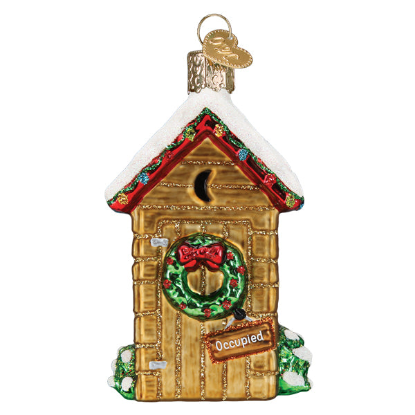 The Holiday Outhouse Ornament by Old World Christmas (20130) is a whimsical wooden outhouse with a wreath, snow accents, and an "Occupied" sign—a charming Christmas tree decoration.