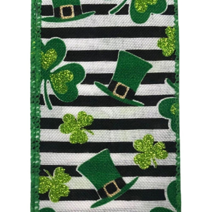 The 2.5 Black White Stripe with Glitter Clover Ribbon 21007-40-09 features green shamrocks and leprechaun hats on a black and white striped background.