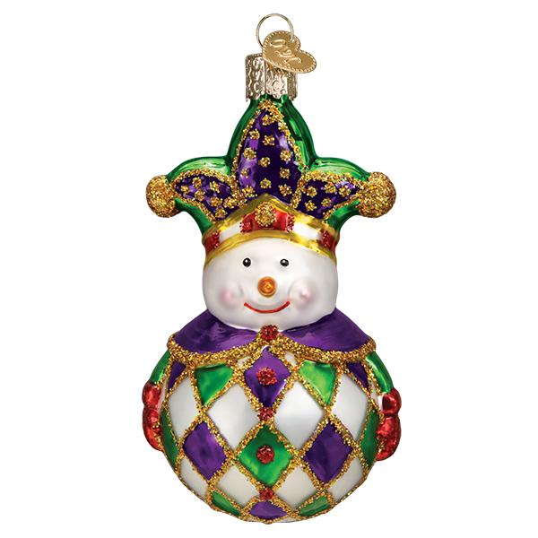 The Harlequin Snowman Old World Christmas Ornament 24193 features a hand-painted glass snowman in a glittery jester hat and green, purple, and gold harlequin outfit—perfect for festive holiday decor.