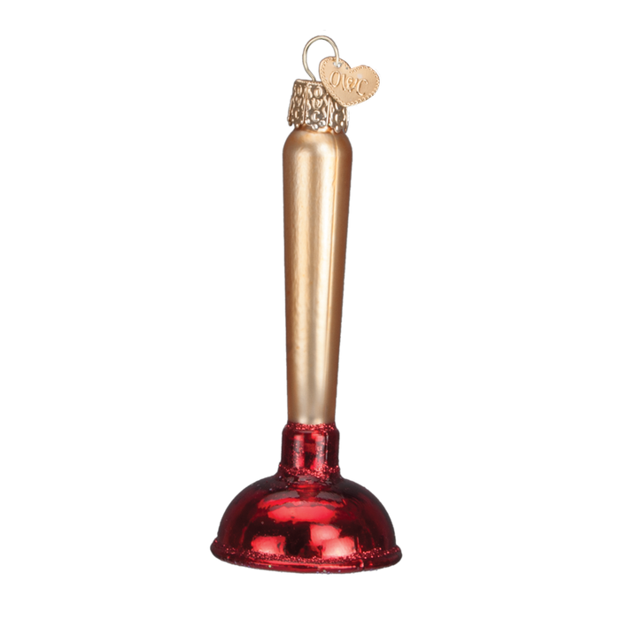The Toilet Plunger Ornament Old World Christmas 32193 features a shiny red base, metallic gold handle, and a heart-shaped charm on top—an eye-catching holiday decoration in a whimsical gift box.