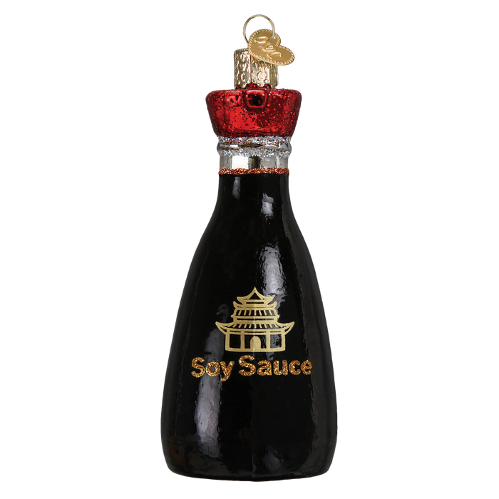 Add charm to your tree with the Soy Sauce Ornament Old World Christmas Ornament 32272, shaped like a black soy sauce bottle with a red cap and gold glitter accents—perfect for collectors and festive gifting!.