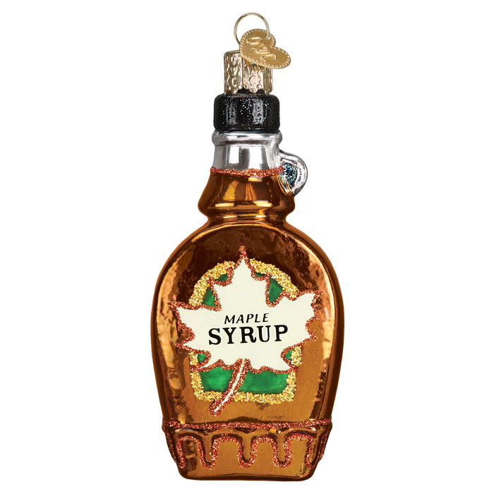 The Maple Syrup Ornament Old World Christmas Ornament 32286 resembles a maple syrup bottle with a white maple leaf and MAPLE SYRUP in bold. Gold accents frame it, and a top loop makes it easy to hang, adding breakfast nostalgia to your holiday decor.