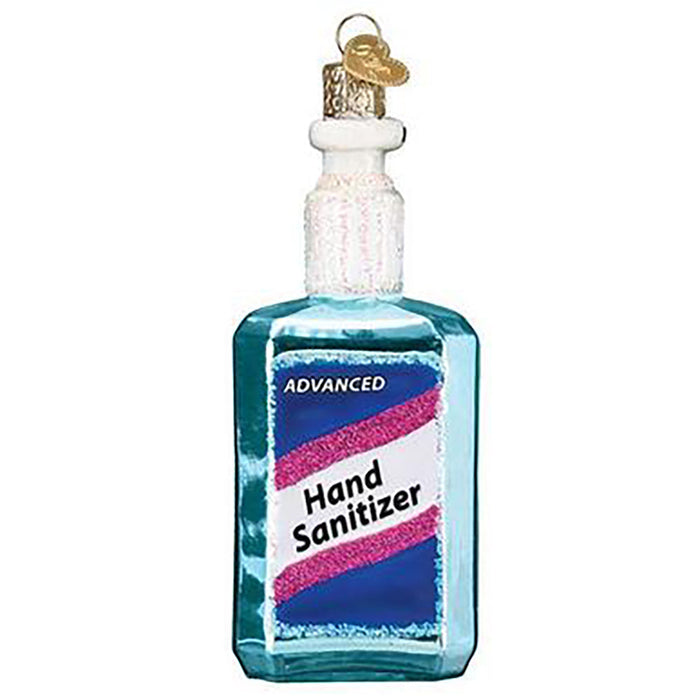 The Hand Sanitizer Old World Christmas Ornament 32457 is a hand-painted glass ornament shaped like a blue sanitizer bottle with an ADVANCED label and a gold hanging loop on top.