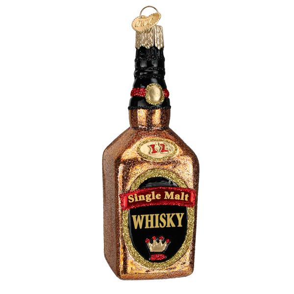 The Whisky Bottle Ornament by Old World Christmas (32501) shines with a glittery finish, featuring a Single Malt Whisky label under a crown emblem and a detailed metallic cap.