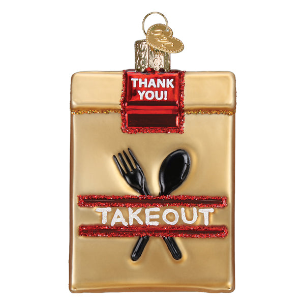 The Takeout Bag Ornament by Old World Christmas (32529) is shaped like a gold food container with a glittery red TAKEOUT label, a THANK YOU! sign on top, and black crossed fork and spoon below, perfect for carry-out cuisine lovers.