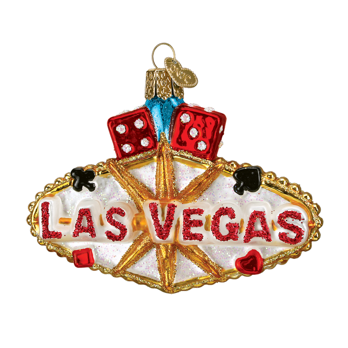 The Las Vegas Sign Ornament from Old World Christmas captures the festive spirit with bold red letters, vibrant dice on top, and gold, black, and red poker-inspired elements.