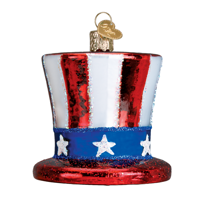 Show your patriotic spirit with the 36206 Uncle Sams Hat Ornament by Old World Christmas, a glass decoration featuring red, white, and blue stripes, white stars on a blue band, and a gold hanging loop.