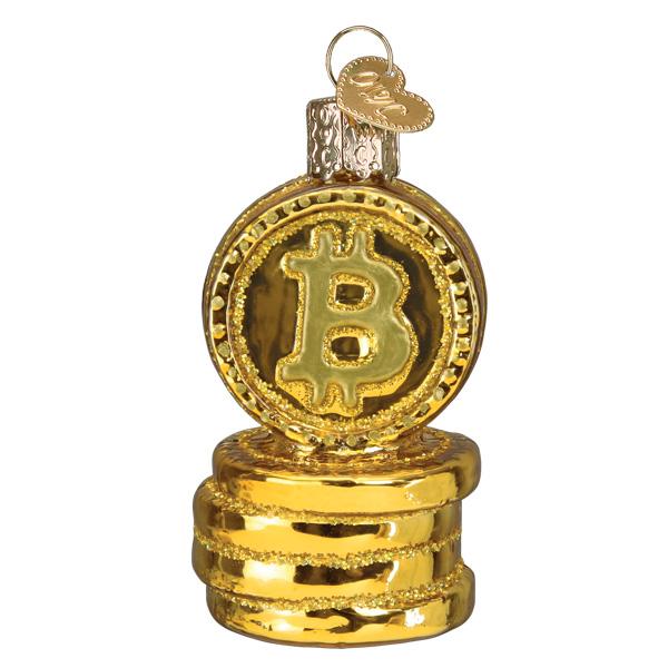 The Bitcoin Old World Christmas Ornament 36300 is a shiny gold ornament shaped like stacked coins with the Bitcoin symbol, featuring a metal loop and decorative charm—perfect as a crypto-themed holiday decoration or gift.
