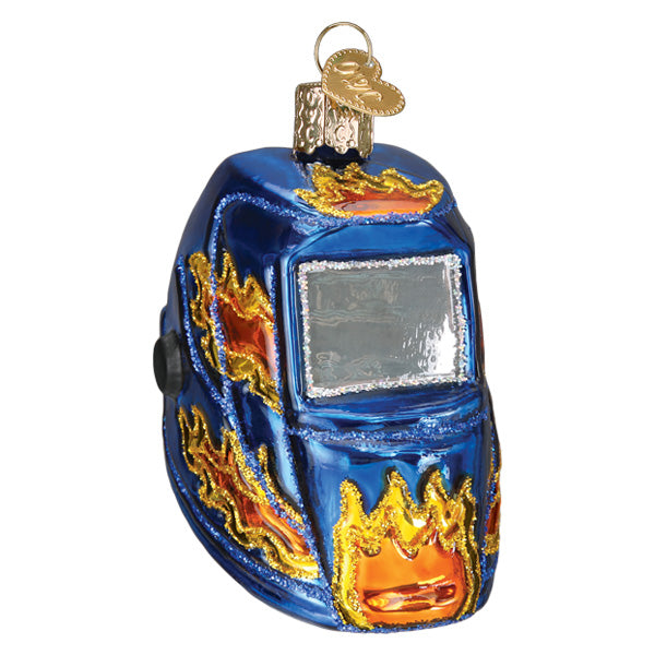 The Welding Helmet Ornament by Old World Christmas (36307) is a shiny blue ornament with yellow and orange flames and a metallic gold cap—perfect for welding fans or adding unique flair to your holiday décor.