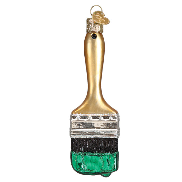 The Green Paint Brush Old World Christmas Ornament 36319 features a glass paintbrush with a gold handle, silver band, black bristles, and green paint—perfect for adding artistic flair to your Christmas tree.