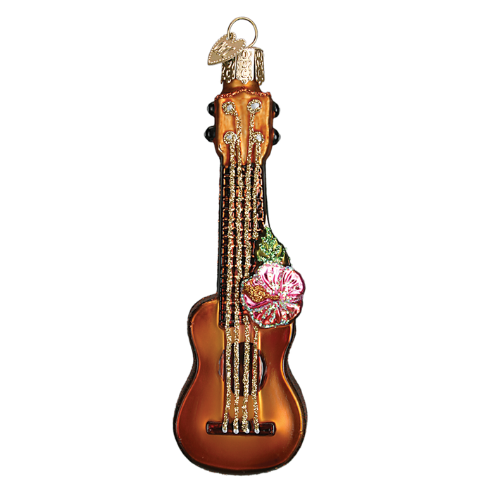 The Ukulele Ornament Old World Christmas Ornament 38040 features a brown Hawaiian musical instrument with gold glitter strings, a pink and white flower, green leaf by the neck, and a gold hanging loop. Ideal for adding charm to your décor.
