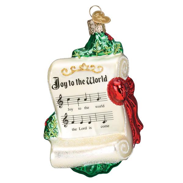 The Joy To The World Old World Christmas Ornament 38056 is a hand-painted glass scroll with greenery, red ribbon, and “Joy to the World” lyrics—a keepsake ornament for your tree.