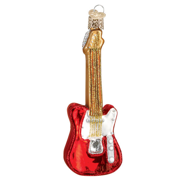 The Red Electric Guitar Ornament by Old World Christmas (38057) features a shiny red and gold guitar with glitter accents, a white pickguard, and a gold hanging loop.