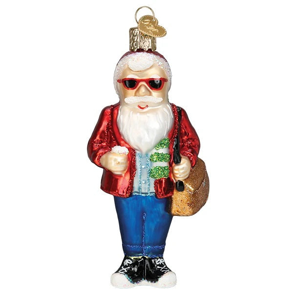 The Hipster Santa Old World Christmas Ornament 40311 features Santa in red sunglasses, a shiny red jacket, blue jeans, black sneakers, holding a coffee cup and gold glittery bag—a cool addition to your holiday tree.