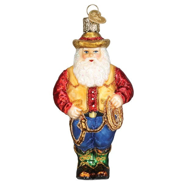 Add Western flair to your tree with the Western Santa Old World Christmas Ornament 40312—featuring a cowboy Santa in a yellow vest, red shirt, blue pants, hat, and gold rope with glittery details. Includes a metal loop for easy hanging.