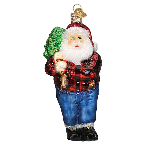 The Lumberjack Santa Ornament Old World Christmas Ornament 40318 features Santa in a red plaid shirt and blue jeans, with a Santa hat and green Christmas tree—an ideal festive addition to your holiday décor.