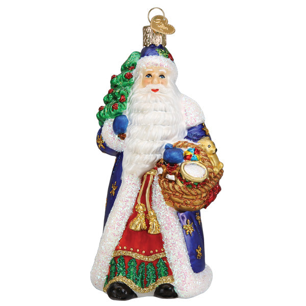 The Regal Father Christmas Ornament from Old World Christmas (40324) captures the traditional spirit of the holiday, showcasing a classic gift-bringer dressed in a blue robe. With a festive tree on one shoulder and a basket of toys in his other hand, this ornament shines with glitter and intricate details.