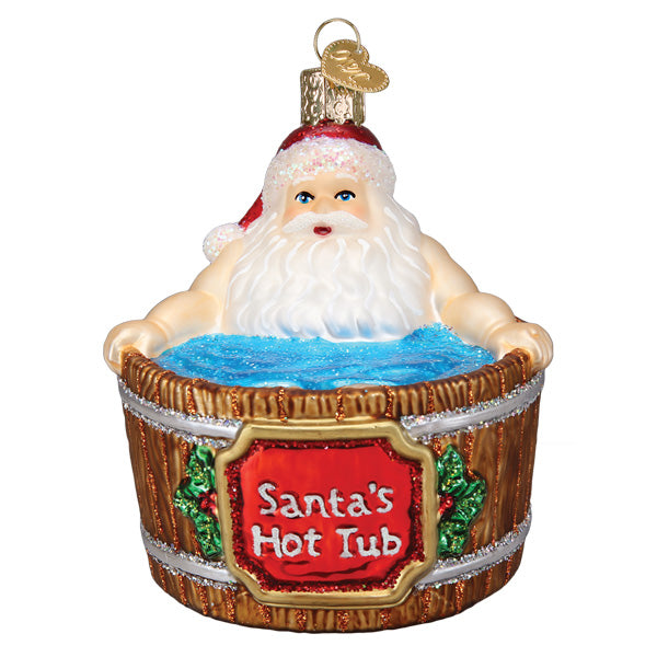 Add festive cheer with the Santa's Hot Tub Ornament by Old World Christmas (40330). Featuring Santa relaxing in a wooden hot tub with blue water, a red "Santa's Hot Tub" sign, and a gold hanging loop.