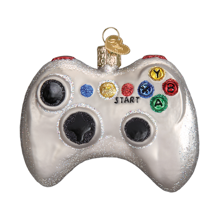 The Video Game Controller Ornament Old World Christmas Ornament 44094 is a white controller with colorful buttons, glitter accents, and a gold hanging loop—an ideal gamer gift for the holidays.