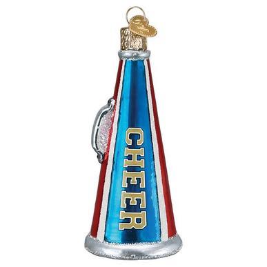The Cheer Megaphone Old World Christmas Ornament 44149 is a shiny red, blue, and silver megaphone with yellow CHEER letters and a gold hanging loop.