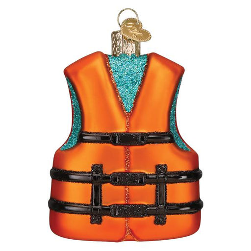 The Life Jacket Ornament Old World Christmas Ornament 44165 is shaped like an orange life jacket with black straps, glittery blue trim, and a gold hanging loop, inspired by personal flotation devices.