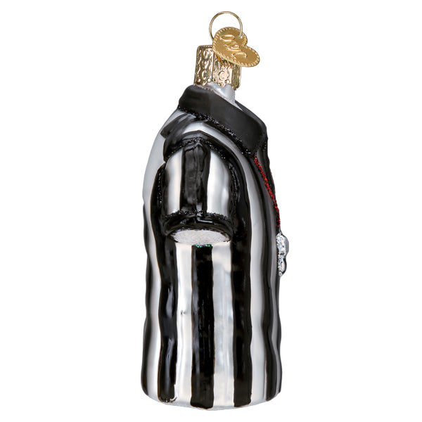 The Old World Christmas Referee Shirt Ornament (44181) is a glass ornament shaped like a black and white striped referee shirt with a black collar, whistle on a red lanyard, and gold cap—perfect gift for sports fans or referees.