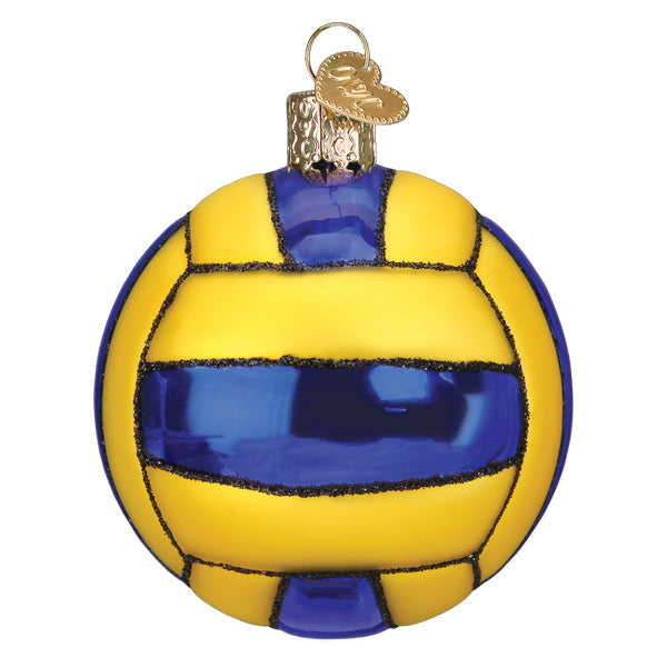 The Water Polo Ball Ornament by Old World Christmas (44183) features yellow and blue stripes, a volleyball shape, gold cap, and heart charm—an ideal holiday keepsake for water polo fans.