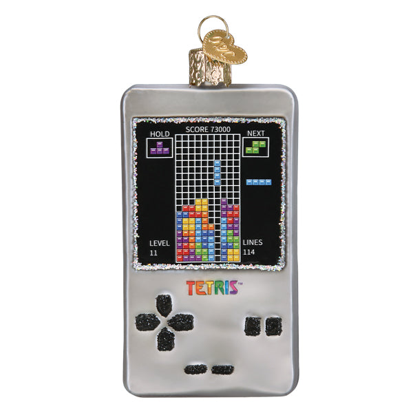 The Tetris Ornament by Old World Christmas (44185) is shaped like a handheld Tetris console, featuring a colorful game screen and glittery accents—making it a festive addition to any Christmas tree.