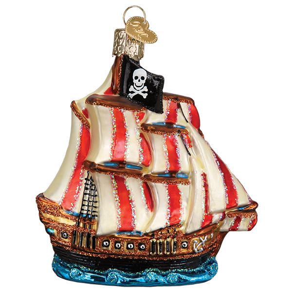 The Pirate Ship Old World Christmas Ornament 46089 is a glass ornament with red and white sails, a black skull-and-crossbones flag, gold details, and a blue water base.