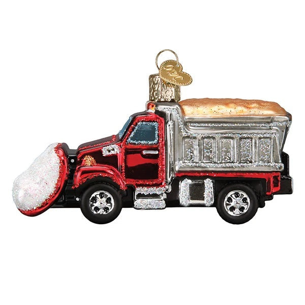 The Snow Plow Old World Christmas Ornament 46096 is a hand-painted glass ornament shaped like a red and silver dump truck with a snowplow, gold glitter accents, and hangs from a gold loop.