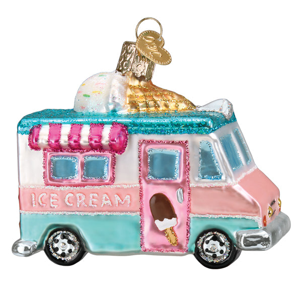 The Ice Cream Truck Ornament by Old World Christmas (46106) is shaped like a truck in pink, blue, and white with glitter, a frozen treat cone on the door, and a gold cap for hanging.