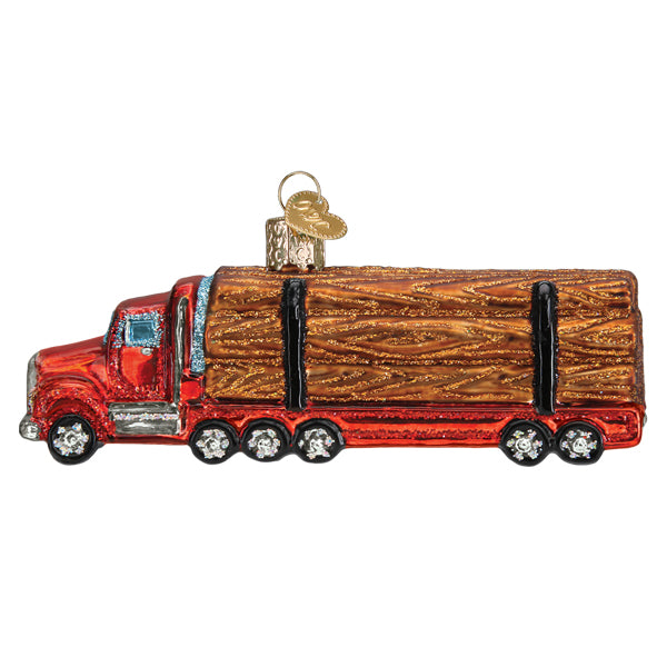 The Logging Truck Ornament by Old World Christmas (46109) is a shiny red decoration shaped like a logging truck with brown logs, black wheels, and a gold hanging loop.