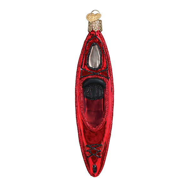 The Red Kayak Ornament by Old World Christmas (46112) is designed to adorn your tree with its shiny finish and black accents. It includes a gold loop for hanging and showcases intricate details like paddles and seats, reminiscent of a hunters boat.