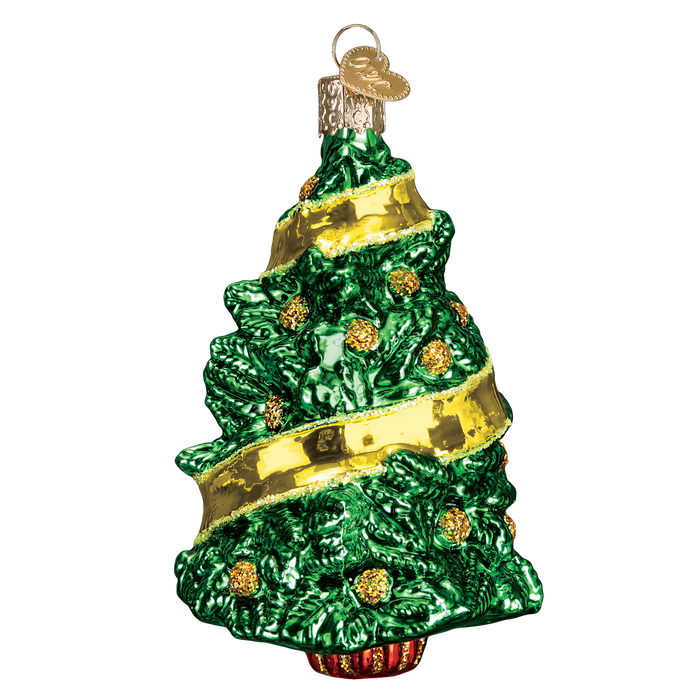 A shiny glass Old World Christmas ornament named "Support Our Troops" (48038), shaped like a tree, decorated with gold garland and baubles, and topped with a gold cap for hanging.