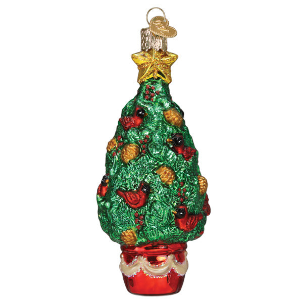The Cardinal Christmas Tree Ornament by Old World Christmas (48044) features red berries, gold pinecones, and cardinals, topped with a gold star on a shiny red and white base—a festive holiday decoration.