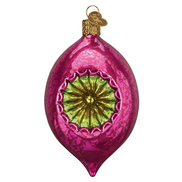 The Dazzling Fuchsia Reflection Old World Christmas Ornament 51500 is a vintage-style, mouth-blown teardrop glass ornament with a metallic pink textured finish and a central green and gold indented design.