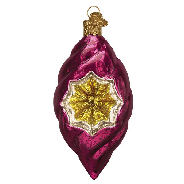 The Lusterous Orchid Reflection Old World Christmas Ornament 51504 is a shiny, magenta glass ornament with a twisted design, gold and silver starburst center, and a gold cap with hanging loop. Hand-painted for a festive holiday look.