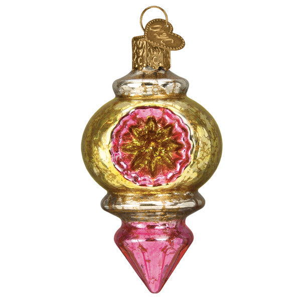 The Golden Candlelight Reflection Ornament by Old World Christmas (51510) features vintage-style blown glass with a gold top, round yellow and silver starburst center, and pointed pink bottom from the Vintage Reflections Collection.