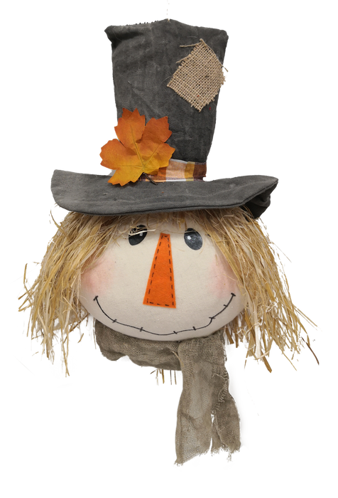 The 12 x 8 x 3.5 Black Scarecrow Head Ornament (56815Bk) features straw hair, a burlap-patched hat with autumn leaves, an orange triangle nose, rosy cheeks, and a cozy gray scarf.
