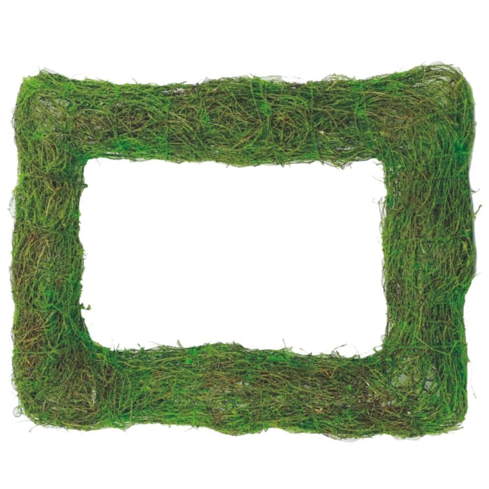 The 15 by 19 Green Moss Rectangle (62069GN) frame is crafted from moss-like material, featuring uneven edges on a white background and offering a natural, textured look that resembles fresh greenery.