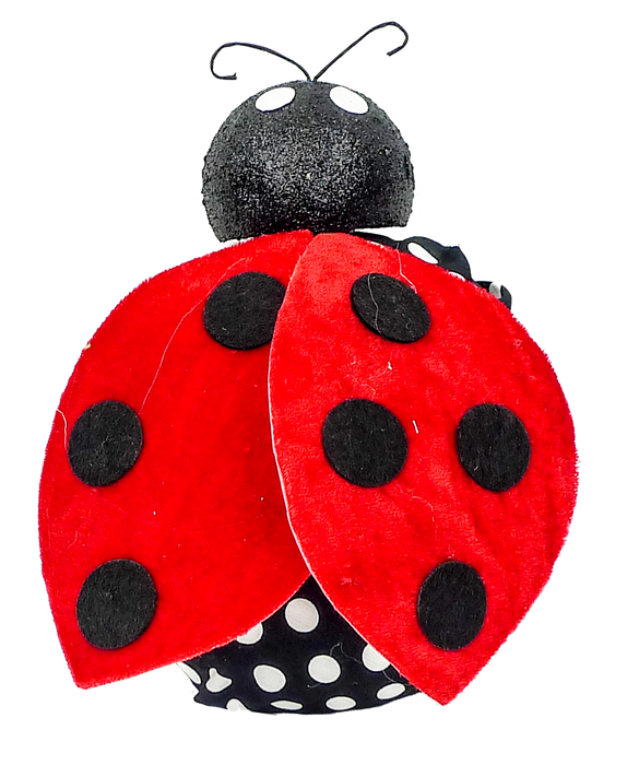 The 2 by 7 by 7 Red and Black Ladybug Ornament (62489RDBK) features a plush design with a black head, two antennae, large spotted red and black wings, and a black body with white polka dots. Shown on a plain white background.
