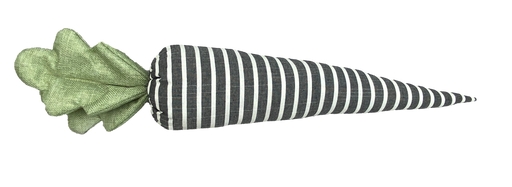The 24 by 5 Black and white Plush Stripe Carrot 63260BKWT features black and white stripes on its body, green fabric leaves on top, and is displayed against a plain white background.