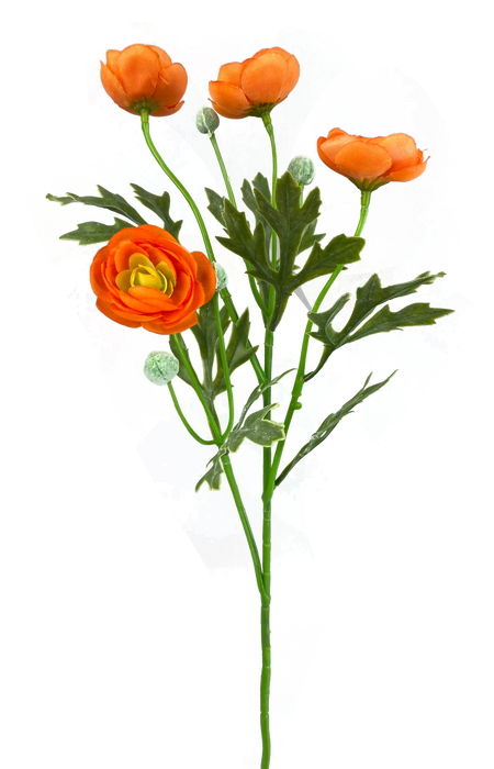 A digital artwork showcases the 21 Orange Ranunculus Spray 4 Stems 63328OR with green leaves, against an abstract backdrop blending vibrant shades of purple, pink, yellow, and blue for a stunning visual display.