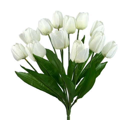 The 17 Cream Tulip Bush with 12 Stems (63338CM) features green leaves and is isolated on a transparent background.