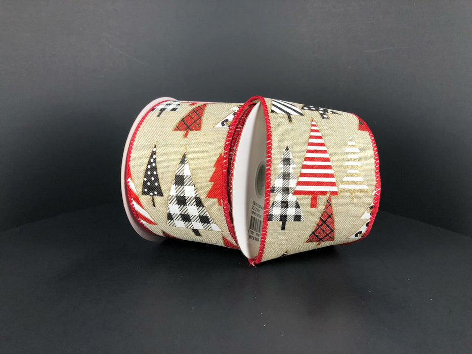 Two rolls of Natural Linen/Red-Black-White-Gold Patterned Trees 2.5X10Y Ribbon (71257-40-21) featuring Christmas trees on a burlap-like background with red stitched edges, displayed on a plain black surface.