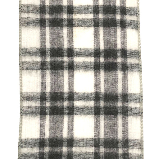 A close-up of the 4" Brushed Grey White Plaid Ribbon 72073-04-51, displaying a black, white, and gray checkered pattern with evenly spaced stripes—ideal wired ribbon for crafting projects.
