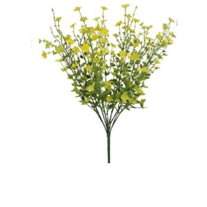 The 17.5 Yellow Mixed Forget Me Not (83416-YEL) features delicate small yellow flowers with green stems and leaves, arranged fan-like against a white background, evoking the charm of Forget Me Not blooms.