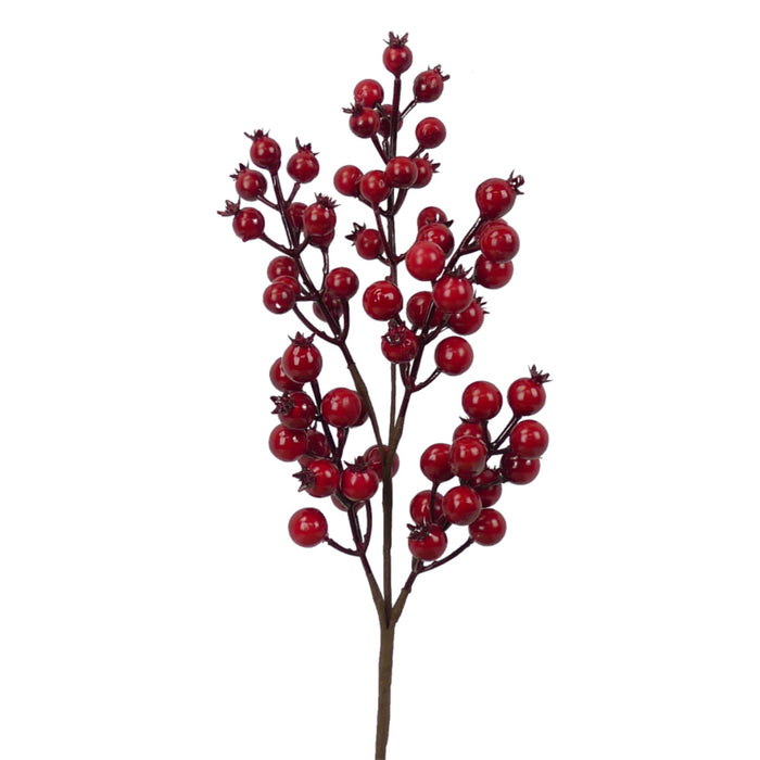 The 17 Red Berry Pick 83568RD features multiple clusters of glossy red berries on thin, dark stems, showcasing vibrant hues that enhance its autumnal or festive appeal against a plain white background.