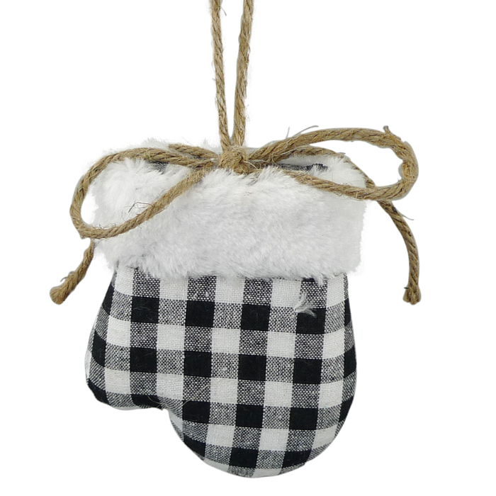The Black White Plaid Faux Fur Mitten Ornament 84765GINGHAM features a black and white plaid design, a white faux fur cuff, and hangs from a burlap string tied in a bow.