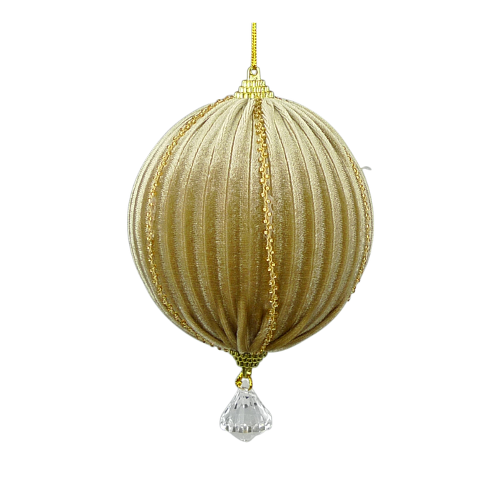 The 4.5 Gold Velvet Rhinestone Ball Crystal Drop Christmas Ornament features a gold, pleated design with a beaded chain and a clear faceted crystal pendant hanging below, displayed against a plain white background.